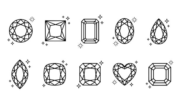 Luxury outline diamond cut icons with sparkling gemstone shapes vector set
