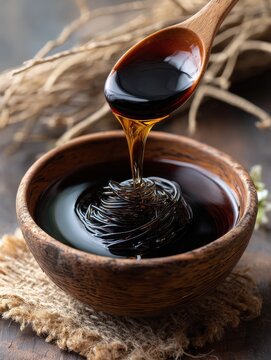 Transparent Japanese kuzu kiri arrowroot noodles served with black sugar syrup in a dark bowl on a moody background.
