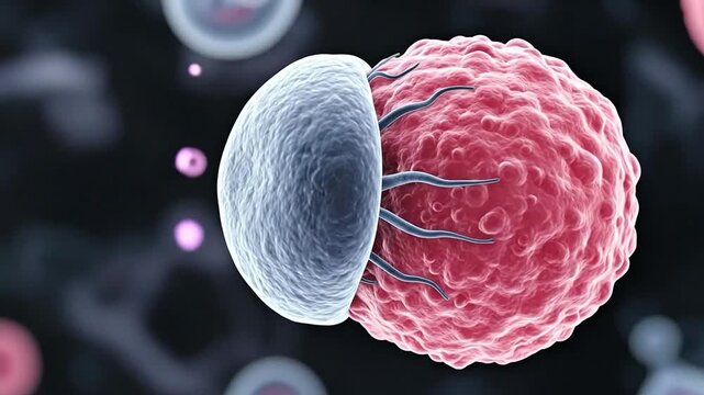 T-cell attacking cancer cell, immune system response, cytotoxic lymphocyte destroying tumor cell, immunotherapy concept, medical illustration of cellular interaction