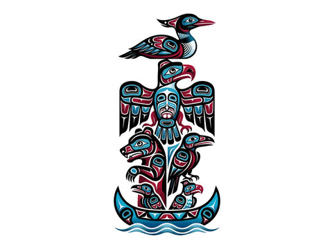 Pacific Northwest Indigenous Totem Pole Art Illustration Featuring Eagle, Bear, Raven, and Canoe in Traditional Coastal Formline Style on White Background