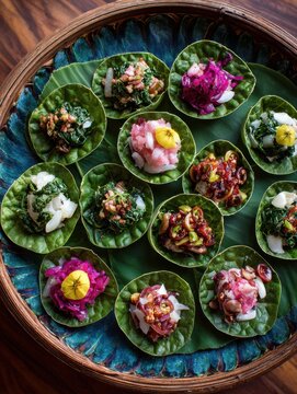 Colorful Thai miang kham bites with vibrant toppings presented on a banana leaf tray in an overhead view.