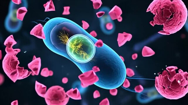 Bacterial Cell Lysis and Antibiotic Mechanism Concept 3D Illustration of Microscopic Pathogen Destruction for Pharmaceutical Research and Medical Education