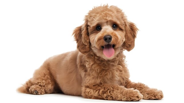 Adorable brown goldendoodle puppy lying down with a friendly expression and tongue out isolated on a pure white studio background for professional pet photography and commercial