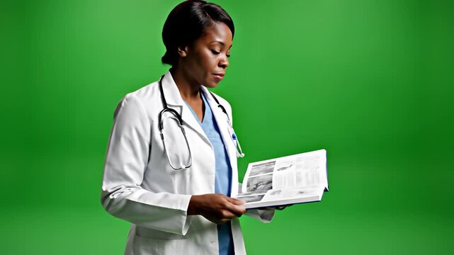 Doctor reviewing medical documents on green screen background.