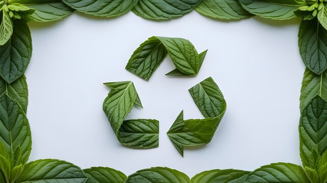 Recycling symbol composed of fresh organic green mint leaves framed by natural foliage on a clean white background representing sustainable living eco friendly practices and environmental