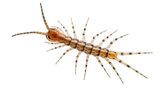 Macro photograph of a centipede isolated on white background, detailed view