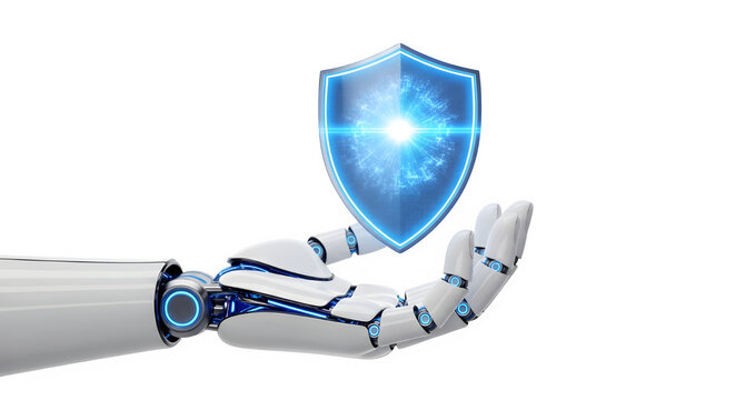 Robotic arm holding a glowing blue shield representing cybersecurity and artificial intelligence protection isolated on transparent background