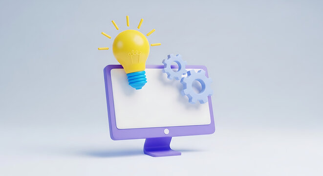 3D computer display with lightbulb and mechanical gears concept computer technology innovation lightbulb business solution creative strategy development thinking technical planning