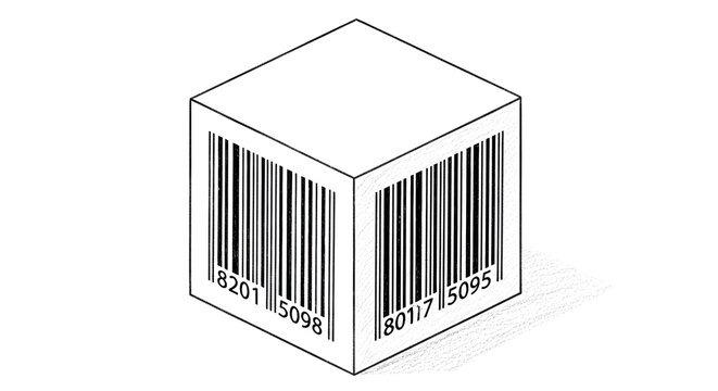 Illustration of Cardboard Box with Barcode Design Elements.