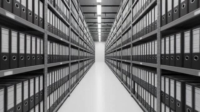 Long rows of tall industrial gray shelving units filled with identical black lever arch folders and binders in a massive symmetrical warehouse archive or storage facility.