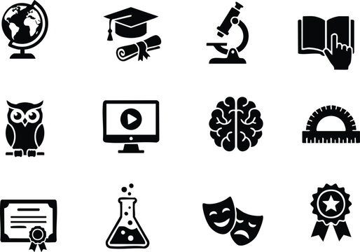 Education and school learning glyph icons set, solid black silhouette knowledge symbols, graduation diploma cap, microscope vector illustration, template,