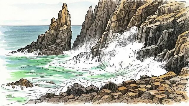 Coastal Seascape Sketch with Jagged Sea Stack and Rocky Shoreline, Hand Drawn Illustration of Rugged Ocean Cliffs for Travel and Nature Concept Backgrounds