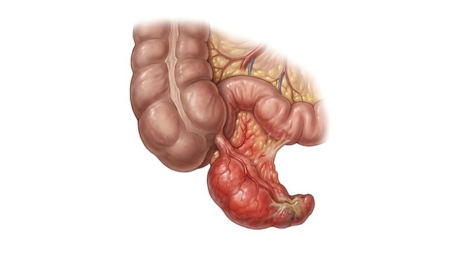 Anatomical illustration of appendicitis in the human cecum