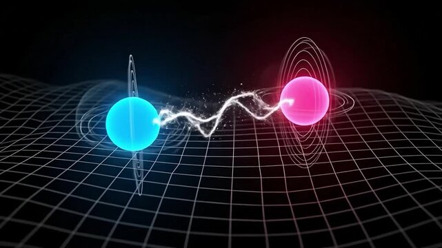 Quantum Entanglement Concept Illustration with Glowing Particles Connected by Energy Wave on Spacetime Grid for Physics Research and Advanced Technology Background