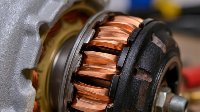 commutator. A disassembled electric motor revealing its internal copper commutator segments. product launch decks, UI/UX mockups, designed for product launches and innovation pitches.