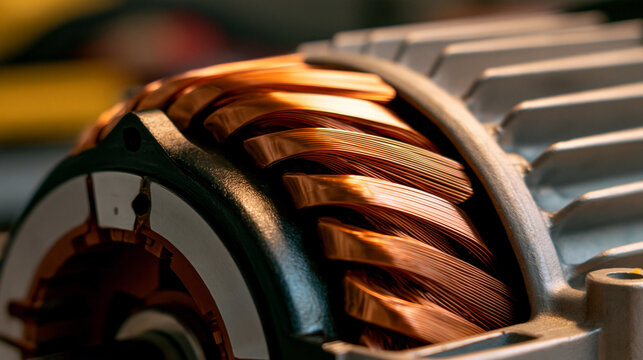commutator. A disassembled electric motor revealing its internal copper commutator segments. product launch decks, UI/UX mockups, designed for product launches and innovation pitches.