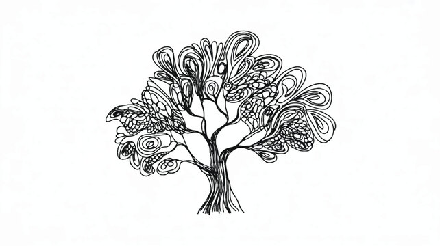 Black and white drawing of a tree with curly branches and leaves on white background