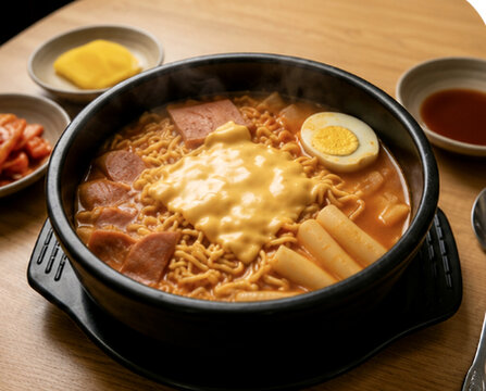 Delicious Korean ramen boiling in a stone pot on a gas stove with egg and green onions