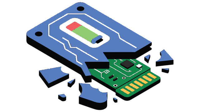 broken sd card with green circuit board and battery icon on blue casing