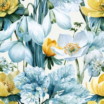 A seamless botanical pattern shows snowdrops and winter aconite with frost-covered leaves in shades of blue and white on cream background.