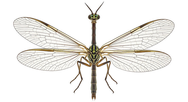 Isolated illustration of a snakefly insect with a long neck and intricate wings