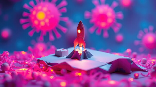 Stylized rocket launchpad scene. Pink virus shapes surround miniature spacecraft. Bright lights illuminate geometric design. Futuristic concept.
