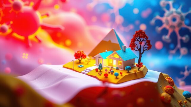 Tiny house surrounded by virus shapes. Bright colors dominate scene, suggesting illness or health concerns. Abstract landscape visible.