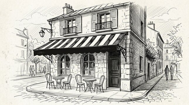 French Cafe Street Corner Illustration