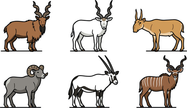 Wild Horned Animal Collection with Markhor, Addax, Saiga, Bighorn Sheep, Gemsbok Oryx, and Greater Kudu for Wildlife and Nature Design Projects