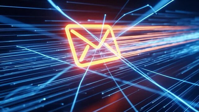 Digital email communication concept with glowing envelope icon moving through high speed fiber optic data stream representing fast internet connectivity and messaging