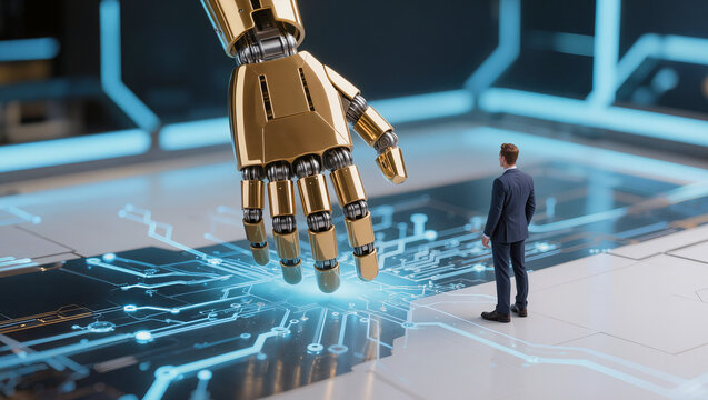 A big golden robot hand touching to the ground and a small businessman stand to looking , blue light digital effect around.