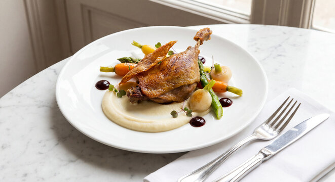 Classic French duck confit with crispy skin celeriac puree baby vegetables and cherry gastrique on white plate