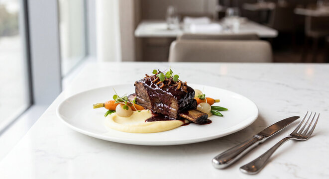 Braised beef short rib with glossy red wine reduction creamy potato puree baby vegetables fine dining
