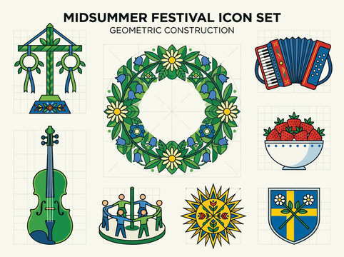 Swedish Midsummer Festival Icon Set - Geometric Line Art Illustrations of Midsommarst&aring;ng, Flower Wreath, Accordion, Violin, and Traditional Folk Symbols