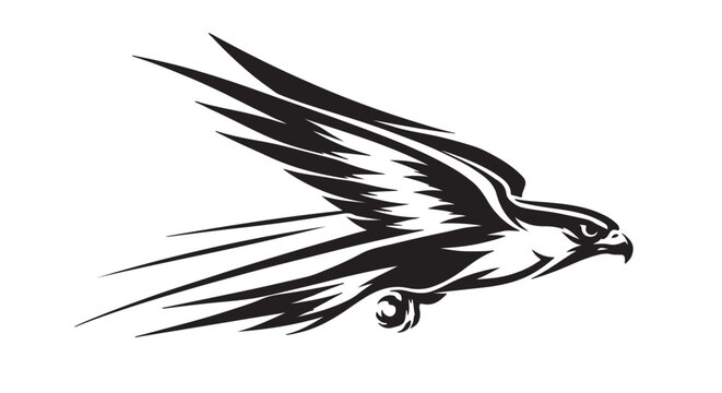 Dynamic falcon silhouette with aerodynamic speed line contours, black and white premium vector illustration, isolated white background, modern aviation mascot artwork