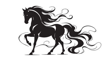Elegant black horse silhouette with flowing mane shaped like smoke ribbons, isolated white background, luxury wildlife vector artwork, sophisticated monochrome design © MdSamir