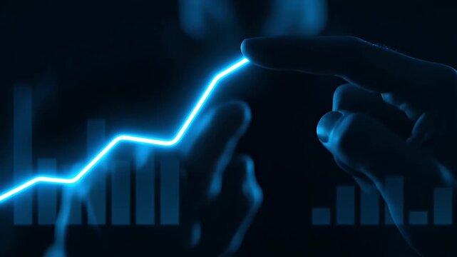 Fingers trace a glowing blue line on a digital interface over a bar graph, symbolizing data interaction and financial analysis.