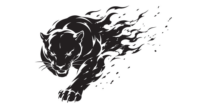 Fierce black panther silhouette dissolving into smoke particles and sharp lines, isolated white background, luxury monochrome vector illustration, modern sports mascot branding concept, editable
