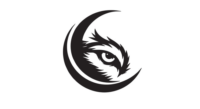Luxury wolf eye emblem hidden inside crescent shapes, black and white premium vector composition, isolated white background, mysterious negative space illustration
