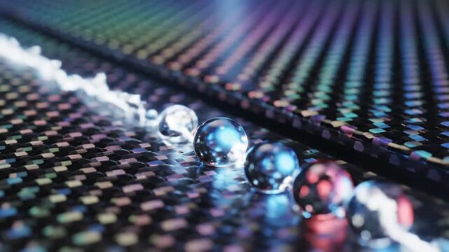 Carbon fiber surface features a row of perfectly clear glass spheres reflecting ambient light.