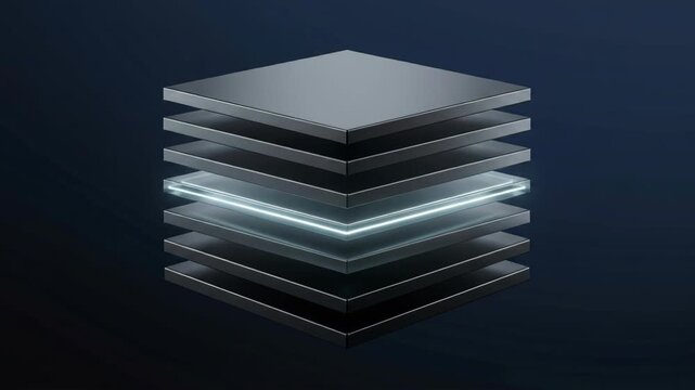 Quantum Layer Stack with Glowing Metallic Panels on Dark Background