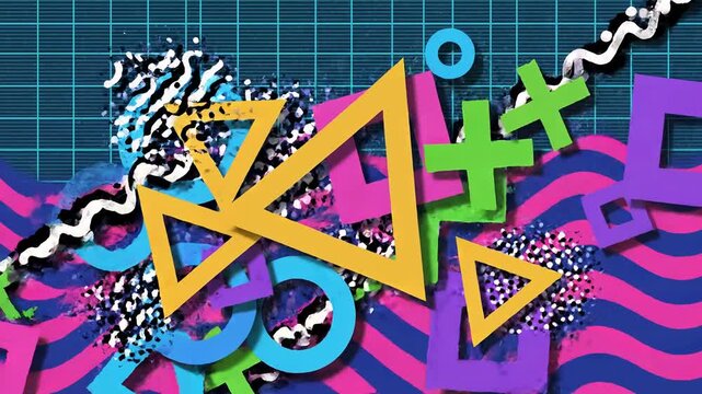 Retro nineties pattern animation with colorful geometric shapes and waves