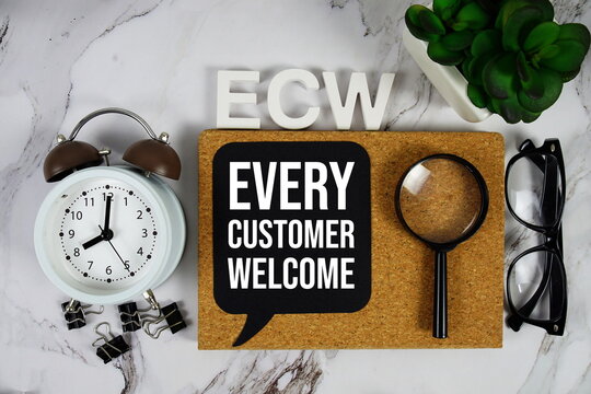 ECW - Every Customer Welcome acronym with alarm clock and magnifying glass, business concept background