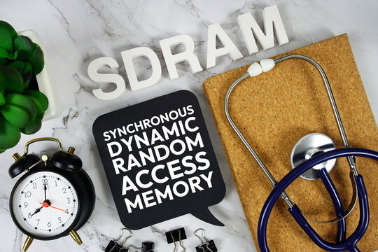 SDRAM - Synchronous Dynamic Random-Access Memory acronym with stethoscope, alarm clock and magnifying glass, medical and healthcare concept background