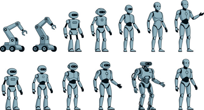Evolution of Robots Icon Set Illustrating Progress from Industrial Robotic Arms to Advanced Humanoid Androids for Technology and Automation Vector Designs