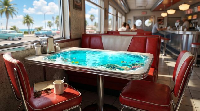 Retro diner interior featuring a table with a pool scene, red vinyl seating, and a view of palm trees and classic cars through large windows