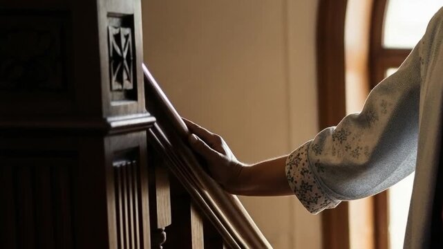 Close up of a mature woman hand resting on a vintage wooden staircase railing in a classic home interior representing elegance stability and home comfort