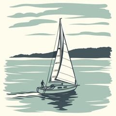 Fototapeta premium Sailing Yacht on Calm Sea with Mountain Background Vintage Vector Illustration