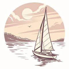 Fototapeta premium Sailing yacht on calm water at sunset with mountain background vector illustration