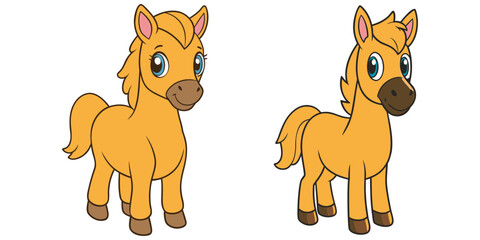 Fototapeta premium Cute cartoon pony characters with brown and orange coat.